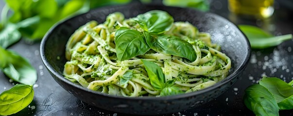 Serving up a Vibrant Microgreen Pesto Pasta Dish in a Delicious Culinary Presentation. Concept Food Photography, Culinary Creativity, Vibrant Colors, Microgreen Recipes, Pasta Dishes