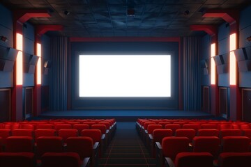 A cinema movie poster display mockup with a blank screen, in a theater lobby.