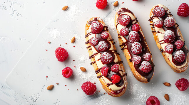 professional food photography: raspberry eclairs, plain background, with empty copy space