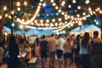 People standing next to lots of lights at an outdoor market or in a park, in the style of blurred or defocused background filled with many colorful lights, romantic, atmosphere,  minimalist stage.