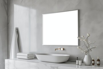 A smart mirror mockup with a blank screen, in a modern bathroom setting.