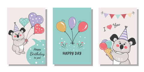 A set of birthday greeting cards, poster, invitation, template, greeting cards. Funny koala. Vector design.