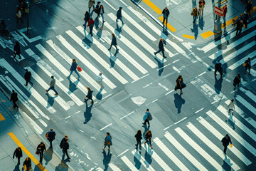 Busy Tokyo street intersection aerial view with people crossing the road - obrazy, fototapety, plakaty