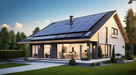 Modern house with solar panels installed on the roof. 
