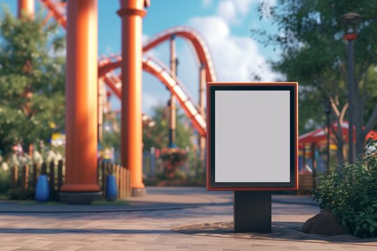 A theme park interactive map kiosk mockup with a blank screen, near a roller coaster.