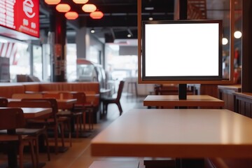 A digital menu board mockup with a blank screen in a fast-food restaurant.