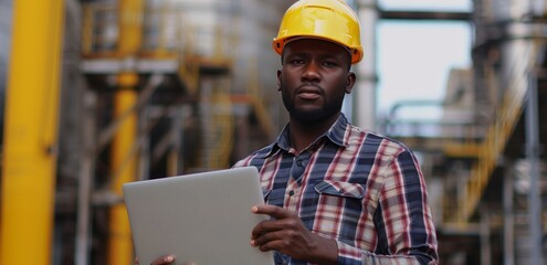 Professional heavy industry engineer in hardhat, worker are wearing safety uniform and using tablet computer