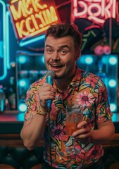 Smiling happy comedian performing stand up comedy into microphone on neon background