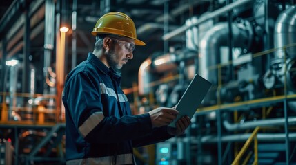 Professional heavy industry engineer in hardhat, worker are wearing safety uniform and using tablet computer