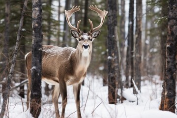 Naklejka na ściany i meble Portrait of a deer in the winter forest. Wildlife scene.