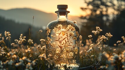 Glass bottle of perfume surrounded by flowers in a sunsetlit landscape - obrazy, fototapety, plakaty