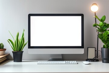 A sleek modern computer monitor mockup with a blank screen on a minimalist desk.