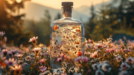 Glass bottle of perfume rests among flowers in natural landscape