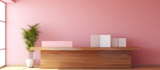 Fototapeta premium A pink room featuring a wooden desk with a chair, adorned with a small potted plant. The room exudes a simple and charming aesthetic, with the contrast of the wooden desk against the pink walls