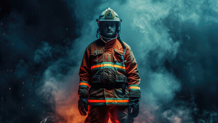 Suited firefighter bravely faces the smoke, a symbol of dedication. - obrazy, fototapety, plakaty