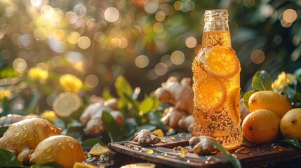 Bottle of soda with lemon and ginger on table in natural landscape