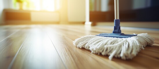A mop is seen lying on top of a clean wooden floor, indicating recent housework or cleaning activity. The texture of the worn mop contrasts with the smooth surface of the floor.
