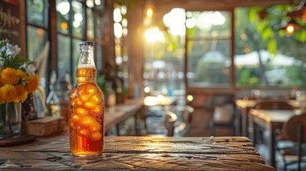 Foto op Canvas Wooden table in restaurant holds glass bottle of beer © yuchen