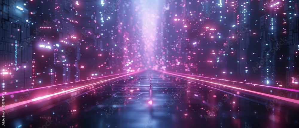 Aufkleber The Cybernetic Journey: Navigating 3D Futuristic Sci-Fi Modern High-Tech Empty Space Pathways in Cyberpunk Colors