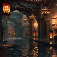 a fantasy courtyard with a pond and lanterns