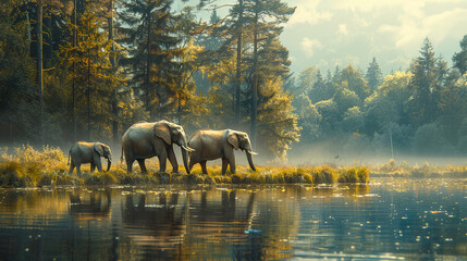 Elephants walking by the lake