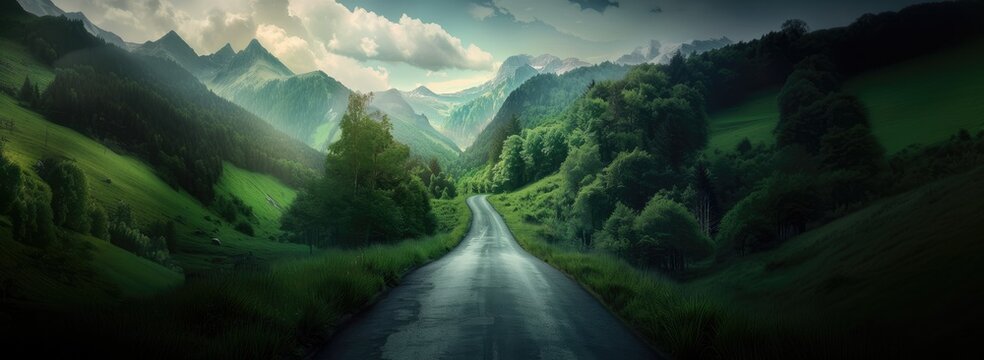 Open road through lush greenery, forest, flanked by trees under cloud sky, leads towards rolling hills and mountains in majestic beautiful landscape. Country side road with natural scenery.