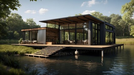 Fototapeta na wymiar Modern shipping container house home, tiny house near lake in sunny day. 