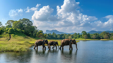 Elephants walking by the lake