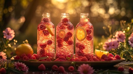 three bottles filled with raspberries and lemons are sitting on a tray surrounded by raspberries and flowers - Powered by Adobe