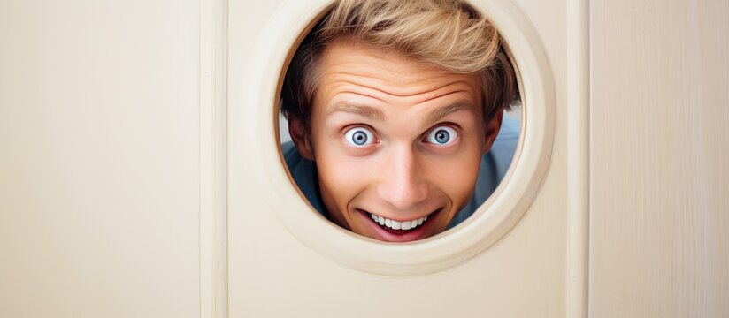 A Caucasian Man With Blonde Hair Is Seen Smiling And Looking Through A Hole In A Door, Appearing To Be Spying Or Peeking At Something Hidden On The Other Side. The Man Seems To Be In A Playful Or