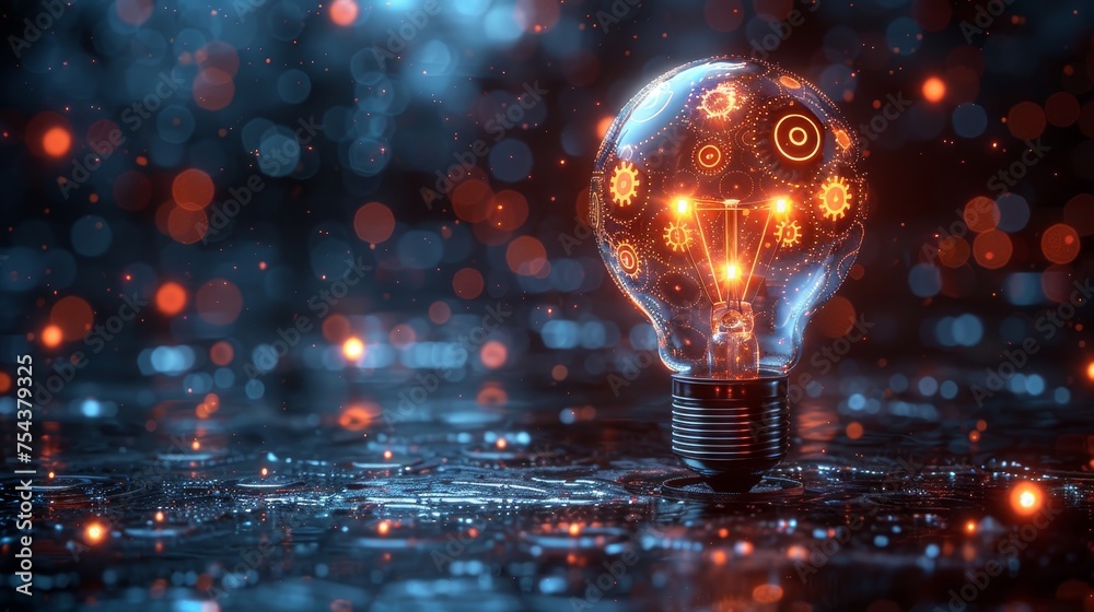 Poster An abstract blue glowing light bulb with gears inside. The design is low poly. Abstract geometric background with wireframe light connection structure.  3D graphic of a modern 3D graphic.