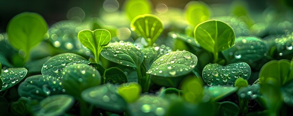 Capturing the delicate nature of microgreen leaves: A macro shot showcasing dew drops. Concept Macro Photography, Microgreens, Dew Drops, Close-up Shots, Nature Photography