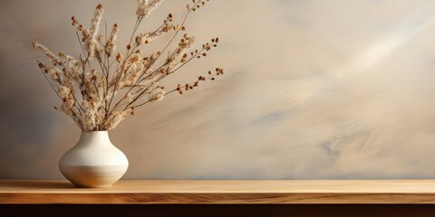 White Vase Filled With Dried Flowers on Wooden Table Generative AI