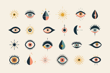 Set of various hand drawn eyes vector flat illustration. Collection of evil, ra, turkish, greek and esoteric eye different shapes isolated on white background. Colorful trendy vector illustration. - obrazy, fototapety, plakaty