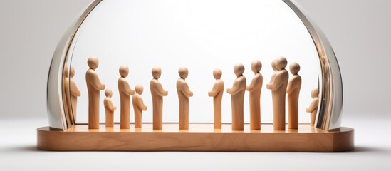 A collection of wooden mannequins are displayed inside a glass dome on a white background. The mannequins are of various sizes and shapes, creating an intriguing visual composition.