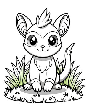Cute Creature on Grass Coloring Book: Adorable Wildlife Designs in Black and White, Background-Free for Creative Coloring Fun
