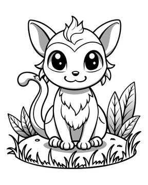 Cute Creature on Grass Coloring Book: Adorable Wildlife Designs in Black and White, Background-Free for Creative Coloring Fun