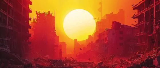 Cercles muraux Bordeaux Apocalyptic vision of the world scorched by an overpowering sun streets in ruins