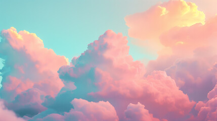 Beautiful pastel colored clouds. Colorful pink and blue fluffy cotton candy background. Soft color sweet candyfloss, abstract blurred sky texture, retro style wallpaper background - obrazy, fototapety, plakaty