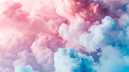 Beautiful pastel colored clouds. Colorful pink and blue fluffy cotton candy background. Сlouds of multi-colored thick smoke, abstract sky wallpaper background