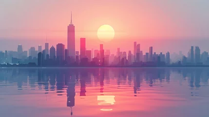 Foto op Plexiglas Verenigde Staten A minimalist drawing of a city skyline at dawn.
