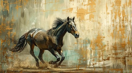 The abstract art background has golden brushstrokes and textured background. Oil on canvas. Modern art. Horses, green, gray, wallpapers, posters, cards, murals, carpets, wall hangings, prints... - obrazy, fototapety, plakaty