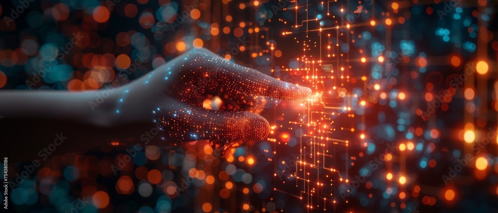 Poster the hand of a woman is pointing at abstract glowing cubes on blurry circuit background. innovation a