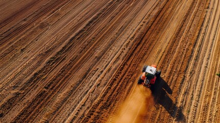Aerial view of the tractor fertilizing the cultivated agricultural field. - obrazy, fototapety, plakaty