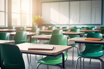 Green chairs and tables in a classroom. - obrazy, fototapety, plakaty