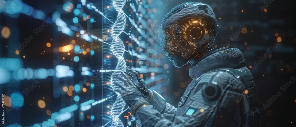 Leinwandbilder On a modern virtual interface, a doctor and medical assistant robot analyze and test DNA in a laboratory setting using modern science and technology.