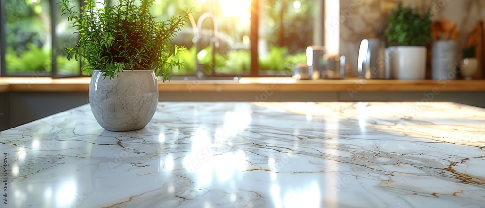 Aufkleber 3d rendering of a marble countertop in an island kitchen against a blurred background including appl