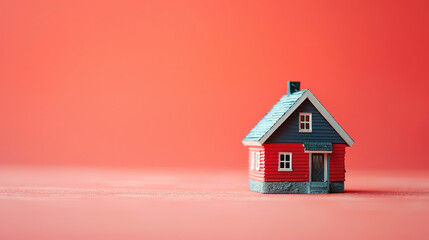 minimalistic Miniature house on light red background, building savings advertising