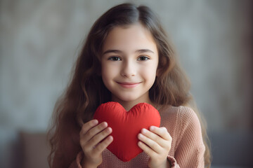 Young smiling girl child holding red plush heart