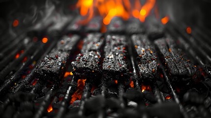 Fired grill on black background with an empty flame - obrazy, fototapety, plakaty